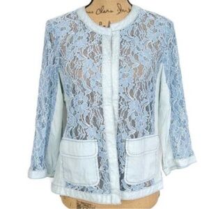 Chico's Blue White Chambray Lace Open Front Cardigan Blouse Topper Blazer sz L